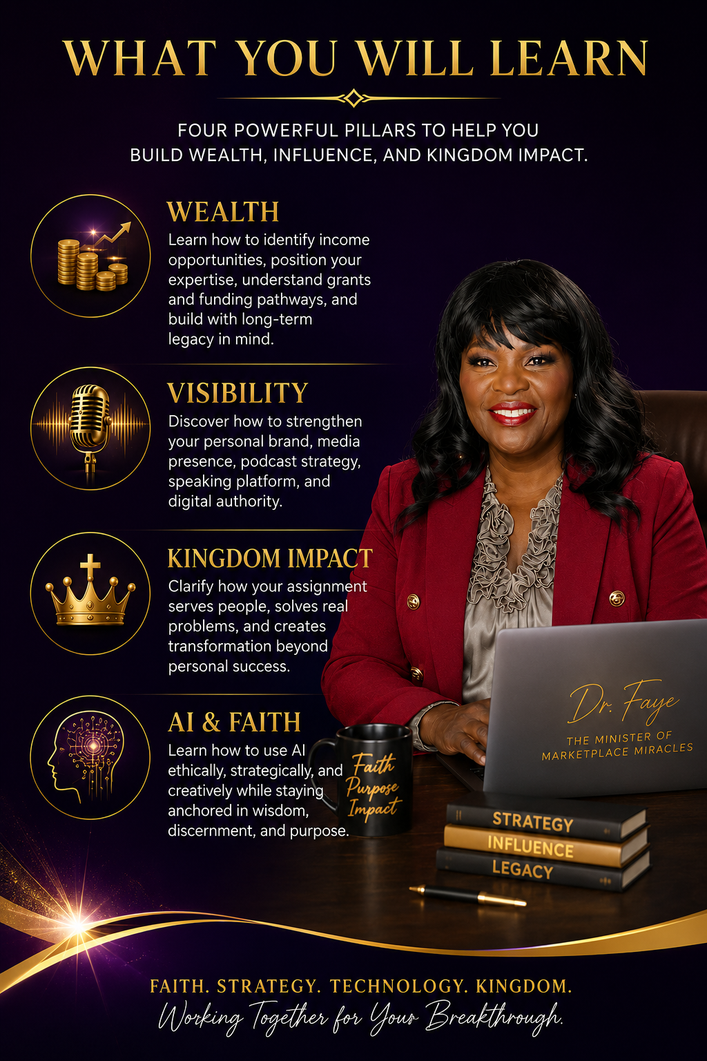 What You Will Learn — four powerful pillars to help you build wealth, influence, and Kingdom impact: Wealth, Visibility, Kingdom Impact, and AI & Faith. Hosted by DrFaye, The Minister of Marketplace Miracles.